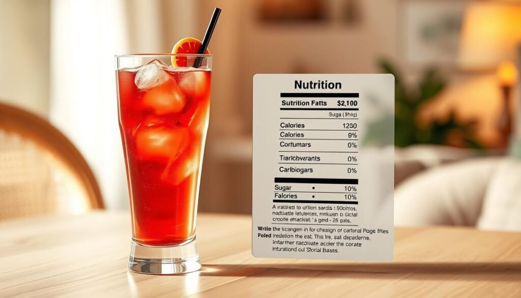A meticulously rendered, photorealistic image of a glass of Shirley Temple cocktail on a light wooden table, with a detailed nutritional information label prominently displayed beside it. The label showcases the calorie count, carbohydrates, sugar, and other key nutritional facts in a clean, organized layout. The lighting is soft and natural, creating warm, inviting tones that accentuate the vibrant colors of the drink and the label. The composition is balanced, with the Shirley Temple occupying the foreground and the label taking up the middle ground, against a blurred, subtly textured background that suggests a cozy, domestic setting. The overall mood is informative yet visually appealing, perfectly suited to illustrate the "Nutritional Information of Shirley Temple" section of the article. A meticulously rendered, photorealistic image of a glass of Shirley Temple cocktail on a light wooden table, with a detailed nutritional information label prominently displayed beside it. The label showcases the calorie count, carbohydrates, sugar, and other key nutritional facts in a clean, organized layout. The lighting is soft and natural, creating warm, inviting tones that accentuate the vibrant colors of the drink and the label. The composition is balanced, with the Shirley Temple occupying the foreground and the label taking up the middle ground, against a blurred, subtly textured background that suggests a cozy, domestic setting. The overall mood is informative yet visually appealing, perfectly suited to illustrate the "Nutritional Information of Shirley Temple" section of the article.