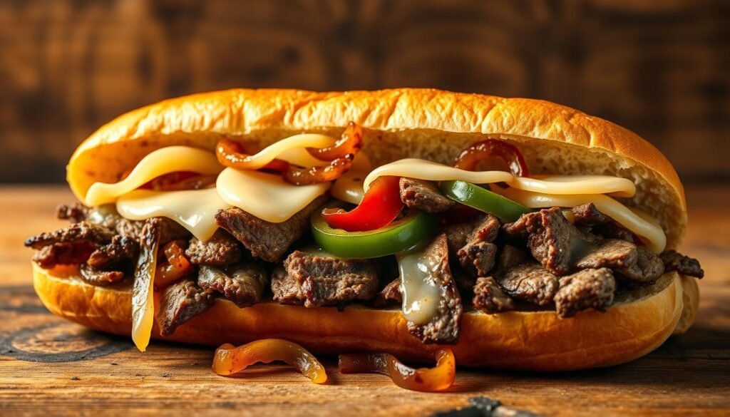 A mouth-watering Philly cheesesteak with thin-sliced steak, melted provolone cheese, sautéed onions, and bell peppers, all nestled in a freshly toasted hoagie roll. The steak sizzles under warm, golden lighting, creating a tantalizing aroma. The cheese oozes and glistens, enticing the viewer. In the middle ground, crisp, caramelized onions and vibrant bell peppers add texture and depth of flavor. The background features a rustic wooden surface, hinting at a homemade, artisanal preparation. The overall scene evokes a cozy, inviting atmosphere, perfectly capturing the essence of an authentic Philly cheesesteak. A mouth-watering Philly cheesesteak with thin-sliced steak, melted provolone cheese, sautéed onions, and bell peppers, all nestled in a freshly toasted hoagie roll. The steak sizzles under warm, golden lighting, creating a tantalizing aroma. The cheese oozes and glistens, enticing the viewer. In the middle ground, crisp, caramelized onions and vibrant bell peppers add texture and depth of flavor. The background features a rustic wooden surface, hinting at a homemade, artisanal preparation. The overall scene evokes a cozy, inviting atmosphere, perfectly capturing the essence of an authentic Philly cheesesteak.