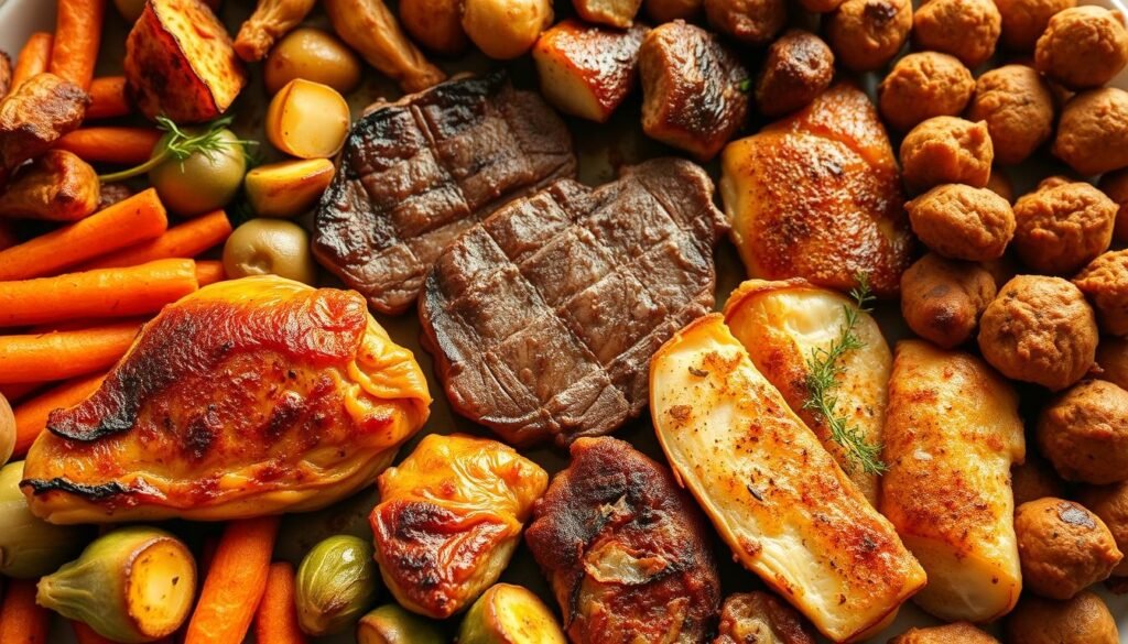 A mouthwatering array of air fryer-prepared main dishes, bathed in warm, golden light and captured from an overhead angle. In the foreground, a succulent chicken breast, its crispy skin glistening, sits alongside roasted vegetables - vibrant carrots, brussels sprouts, and potatoes. The middle ground showcases a juicy steak, seared to perfection, and a hearty serving of air-fried fish fillets, their flaky texture invitingly displayed. In the background, a variety of air-fried appetizers, from crispy chicken wings to bite-sized meatballs, create a visually compelling tableau. The image conveys the ease and versatility of air fryer cooking, highlighting satisfying homemade meals. A mouthwatering array of air fryer-prepared main dishes, bathed in warm, golden light and captured from an overhead angle. In the foreground, a succulent chicken breast, its crispy skin glistening, sits alongside roasted vegetables - vibrant carrots, brussels sprouts, and potatoes. The middle ground showcases a juicy steak, seared to perfection, and a hearty serving of air-fried fish fillets, their flaky texture invitingly displayed. In the background, a variety of air-fried appetizers, from crispy chicken wings to bite-sized meatballs, create a visually compelling tableau. The image conveys the ease and versatility of air fryer cooking, highlighting satisfying homemade meals.