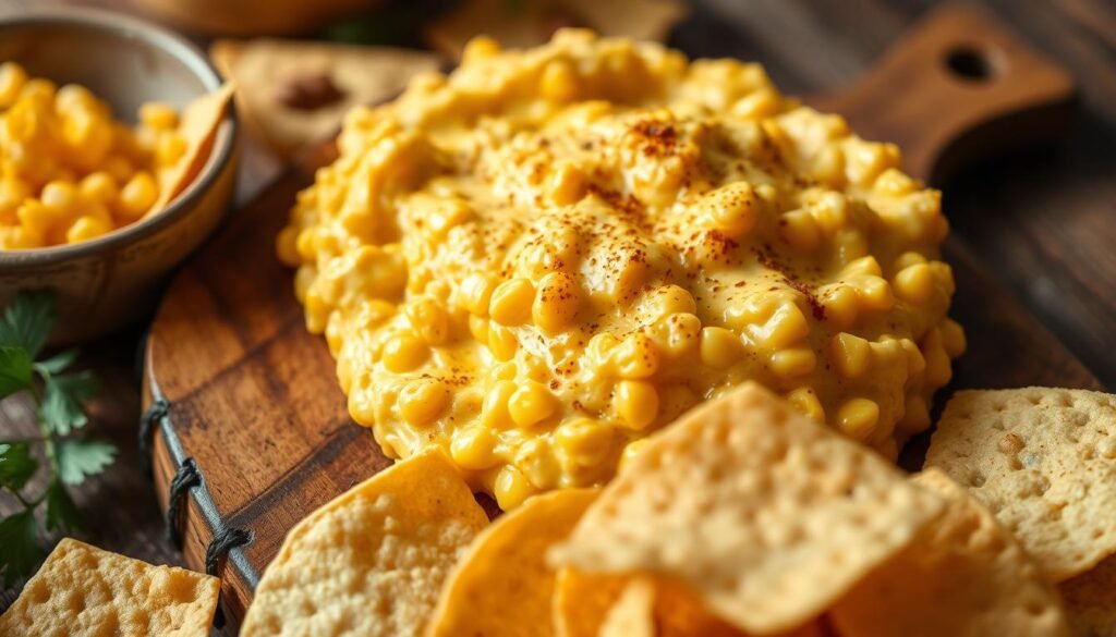 A mouthwatering close-up of a homemade corn dip, artfully presented on a rustic wooden board. The dip's luscious texture and vibrant golden color are showcased under soft, natural lighting that accentuates its creamy consistency. Crisp tortilla chips in the foreground invite the viewer to scoop and savor the irresistible mixture of sweet corn kernels, tangy cheese, and fragrant spices. The image evokes a relaxed, inviting atmosphere perfect for an intimate gathering or party setting. A mouthwatering close-up of a homemade corn dip, artfully presented on a rustic wooden board. The dip's luscious texture and vibrant golden color are showcased under soft, natural lighting that accentuates its creamy consistency. Crisp tortilla chips in the foreground invite the viewer to scoop and savor the irresistible mixture of sweet corn kernels, tangy cheese, and fragrant spices. The image evokes a relaxed, inviting atmosphere perfect for an intimate gathering or party setting.