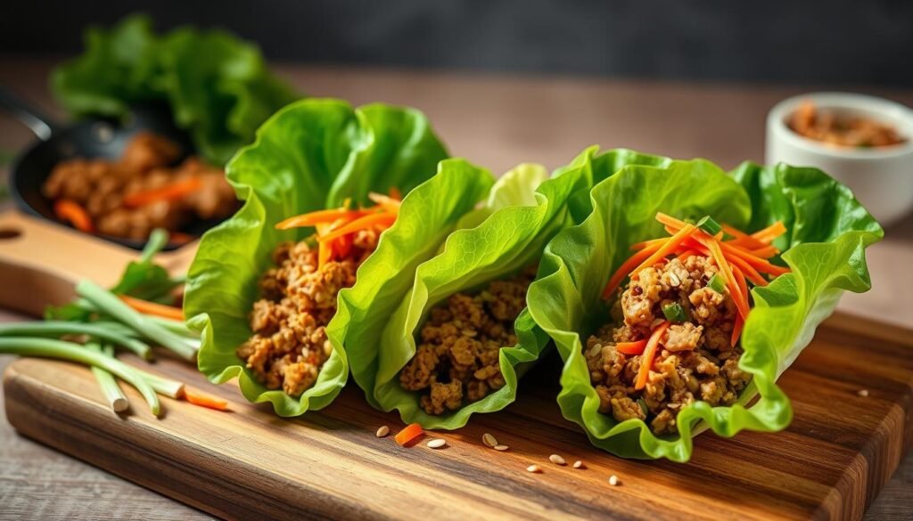 A mouthwatering display of Asian-inspired ground chicken lettuce wraps, freshly prepared on a wooden cutting board. The chicken, seasoned with fragrant spices, sizzles in a wok, while crisp, green lettuce leaves stand ready to wrap the flavorful filling. Garnishes of julienned carrots, sliced green onions, and toasted sesame seeds add vibrant pops of color and texture. Soft, ambient lighting casts a warm, inviting glow, highlighting the dish's tempting aromas and tantalizing presentation. The composition is framed by a minimalist backdrop, allowing the dish to take center stage and capture the essence of "International Flavors: Ground Chicken." A mouthwatering display of Asian-inspired ground chicken lettuce wraps, freshly prepared on a wooden cutting board. The chicken, seasoned with fragrant spices, sizzles in a wok, while crisp, green lettuce leaves stand ready to wrap the flavorful filling. Garnishes of julienned carrots, sliced green onions, and toasted sesame seeds add vibrant pops of color and texture. Soft, ambient lighting casts a warm, inviting glow, highlighting the dish's tempting aromas and tantalizing presentation. The composition is framed by a minimalist backdrop, allowing the dish to take center stage and capture the essence of "International Flavors: Ground Chicken."