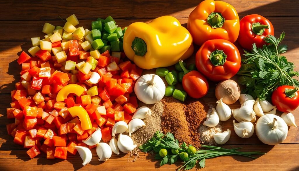 A neatly arranged assortment of fresh ingredients for a classic crockpot chili, including a variety of diced bell peppers in vibrant hues, juicy tomatoes, aromatic onions, garlic cloves, and a selection of spices like chili powder, cumin, and oregano. The ingredients are placed on a rustic wooden table, bathed in warm, natural lighting that casts soft shadows, creating a cozy, homemade atmosphere. The composition is balanced, highlighting the textures and colors of the ingredients, inviting the viewer to imagine the rich, savory flavors of the simmering chili. A neatly arranged assortment of fresh ingredients for a classic crockpot chili, including a variety of diced bell peppers in vibrant hues, juicy tomatoes, aromatic onions, garlic cloves, and a selection of spices like chili powder, cumin, and oregano. The ingredients are placed on a rustic wooden table, bathed in warm, natural lighting that casts soft shadows, creating a cozy, homemade atmosphere. The composition is balanced, highlighting the textures and colors of the ingredients, inviting the viewer to imagine the rich, savory flavors of the simmering chili.