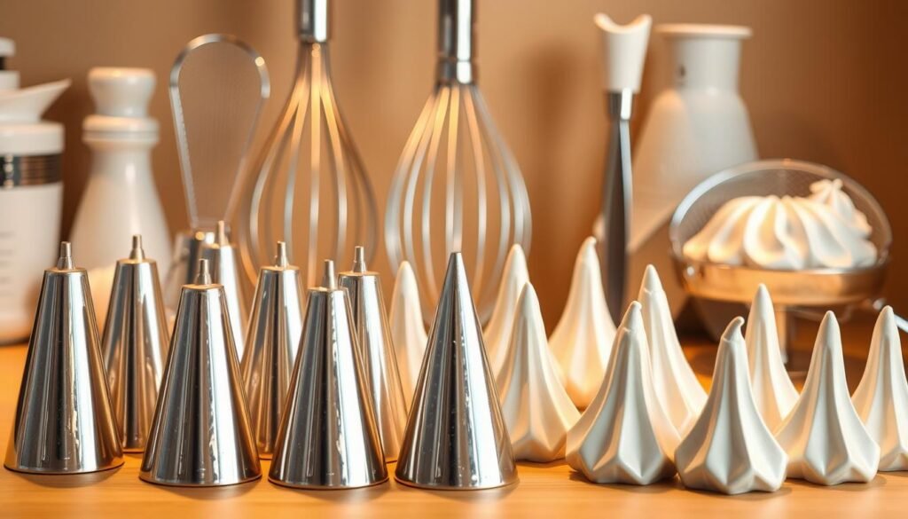 A neatly arranged display of meringue-making tools, bathed in warm, even lighting that accentuates their pristine, gleaming surfaces. In the foreground, a set of metal piping bags and nozzles of various sizes, their shiny metal forms reflecting the light. In the middle ground, a whisk and a hand mixer, their stainless steel bodies complementing the other tools. In the background, a spatula and a sifter, their shapes and textures providing visual interest and depth to the scene. The overall atmosphere is one of precision, order, and the promise of delicate, airy meringue creations. A neatly arranged display of meringue-making tools, bathed in warm, even lighting that accentuates their pristine, gleaming surfaces. In the foreground, a set of metal piping bags and nozzles of various sizes, their shiny metal forms reflecting the light. In the middle ground, a whisk and a hand mixer, their stainless steel bodies complementing the other tools. In the background, a spatula and a sifter, their shapes and textures providing visual interest and depth to the scene. The overall atmosphere is one of precision, order, and the promise of delicate, airy meringue creations.