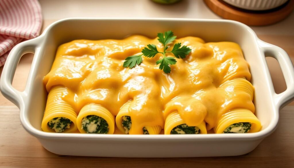 A neatly arranged kitchen counter, its surface adorned with a creamy white ceramic baking dish filled with freshly assembled manicotti. The pasta tubes, their ridged surfaces glistening, are stuffed with a rich, spinach-infused cheese filling. Delicate sprigs of fresh parsley add a vibrant touch, their green hues complementing the golden-brown bechamel sauce that cascades over the manicotti. Soft, indirect lighting from above casts a warm, homey glow, setting the stage for the comforting aroma of baked pasta. The scene exudes an air of culinary craftsmanship, inviting the viewer to savor the satisfying process of baking these delectable Italian delights. A neatly arranged kitchen counter, its surface adorned with a creamy white ceramic baking dish filled with freshly assembled manicotti. The pasta tubes, their ridged surfaces glistening, are stuffed with a rich, spinach-infused cheese filling. Delicate sprigs of fresh parsley add a vibrant touch, their green hues complementing the golden-brown bechamel sauce that cascades over the manicotti. Soft, indirect lighting from above casts a warm, homey glow, setting the stage for the comforting aroma of baked pasta. The scene exudes an air of culinary craftsmanship, inviting the viewer to savor the satisfying process of baking these delectable Italian delights.