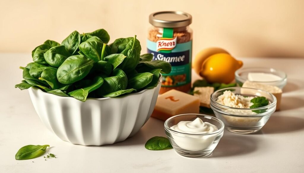 A neatly arranged still life composition showcasing the key ingredients for a delectable Knorr spinach dip. In the foreground, a white ceramic bowl overflows with fresh, vibrant spinach leaves. Surrounding it, a selection of gourmet ingredients - a block of cream cheese, a jar of Knorr's signature seasoning mix, a handful of freshly grated Parmesan, a lemon wedge, and a small glass bowl of sour cream. Soft, warm lighting illuminates the scene, casting gentle shadows and highlighting the textures of the materials. The background is a neutral, minimalist setting, allowing the ingredients to take center stage and entice the viewer's appetite. An elegant, appetizing presentation perfect for illustrating a section on the essential components of the perfect spinach dip. A neatly arranged still life composition showcasing the key ingredients for a delectable Knorr spinach dip. In the foreground, a white ceramic bowl overflows with fresh, vibrant spinach leaves. Surrounding it, a selection of gourmet ingredients - a block of cream cheese, a jar of Knorr's signature seasoning mix, a handful of freshly grated Parmesan, a lemon wedge, and a small glass bowl of sour cream. Soft, warm lighting illuminates the scene, casting gentle shadows and highlighting the textures of the materials. The background is a neutral, minimalist setting, allowing the ingredients to take center stage and entice the viewer's appetite. An elegant, appetizing presentation perfect for illustrating a section on the essential components of the perfect spinach dip.