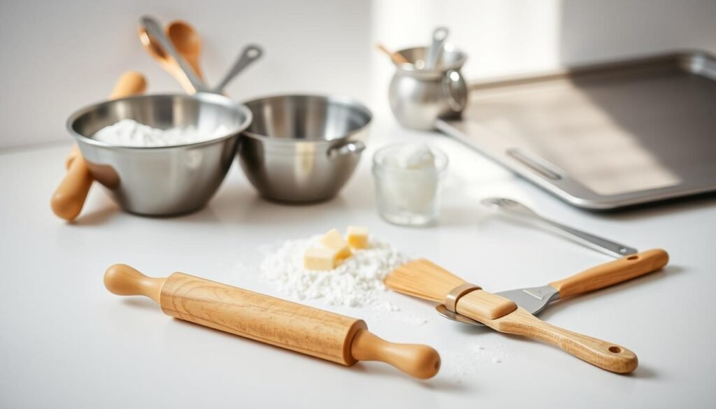 A neatly arranged still life of essential tools for baking croissants. In the foreground, a wooden rolling pin, a pastry brush, and a dough scraper lie on a clean, white countertop. The middle ground features a stainless steel bowl filled with all-purpose flour, alongside a small pile of butter pats. In the background, a set of measuring cups and spoons, along with a baking sheet, create a sense of depth and utility. Soft, natural lighting filters in, casting a warm, inviting glow over the scene. The overall mood is one of culinary preparation and artisanal craftsmanship. A neatly arranged still life of essential tools for baking croissants. In the foreground, a wooden rolling pin, a pastry brush, and a dough scraper lie on a clean, white countertop. The middle ground features a stainless steel bowl filled with all-purpose flour, alongside a small pile of butter pats. In the background, a set of measuring cups and spoons, along with a baking sheet, create a sense of depth and utility. Soft, natural lighting filters in, casting a warm, inviting glow over the scene. The overall mood is one of culinary preparation and artisanal craftsmanship.