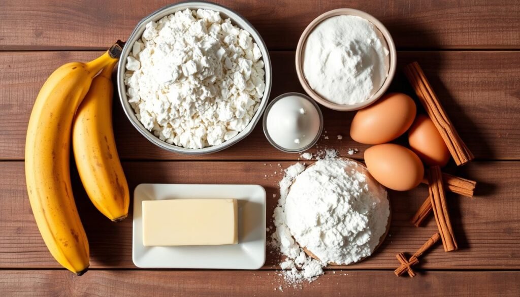 A neatly arranged still life of the ingredients for banana bread: ripe bananas, flour, sugar, butter, eggs, baking soda, and cinnamon. The items are placed on a rustic wooden surface, with soft, natural lighting casting gentle shadows. The composition is balanced and visually appealing, highlighting the rich, warm tones of the ingredients. The overall mood is cozy and inviting, reflecting the comforting nature of homemade baked goods. A neatly arranged still life of the ingredients for banana bread: ripe bananas, flour, sugar, butter, eggs, baking soda, and cinnamon. The items are placed on a rustic wooden surface, with soft, natural lighting casting gentle shadows. The composition is balanced and visually appealing, highlighting the rich, warm tones of the ingredients. The overall mood is cozy and inviting, reflecting the comforting nature of homemade baked goods.