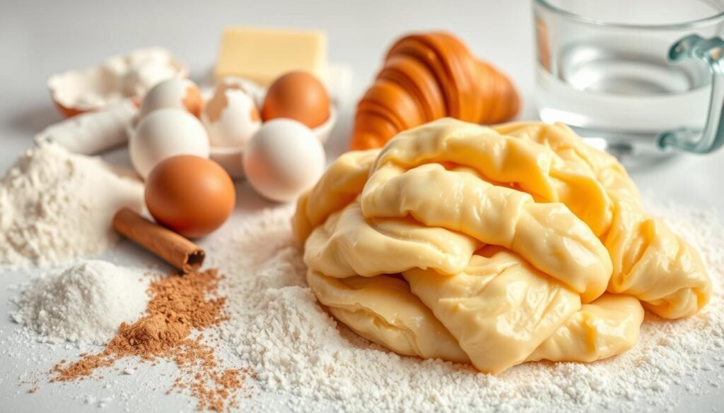 A neatly arranged still life of the key ingredients for baking perfect croissants. In the foreground, a pile of buttery, golden croissant dough, glistening with egg wash. Surrounding it, a scattering of whole wheat flour, a sprinkling of granulated sugar, and a dusting of ground cinnamon. In the middle ground, a cluster of fresh eggs, their shells gently cracked open. In the background, a pat of rich, creamy butter and a glass measuring cup filled with cool, clear water. Soft, natural lighting illuminates the scene, casting gentle shadows and highlighting the delicate textures. The overall mood is one of baking anticipation, inviting the viewer to imagine the aroma of freshly baked croissants. A neatly arranged still life of the key ingredients for baking perfect croissants. In the foreground, a pile of buttery, golden croissant dough, glistening with egg wash. Surrounding it, a scattering of whole wheat flour, a sprinkling of granulated sugar, and a dusting of ground cinnamon. In the middle ground, a cluster of fresh eggs, their shells gently cracked open. In the background, a pat of rich, creamy butter and a glass measuring cup filled with cool, clear water. Soft, natural lighting illuminates the scene, casting gentle shadows and highlighting the delicate textures. The overall mood is one of baking anticipation, inviting the viewer to imagine the aroma of freshly baked croissants.