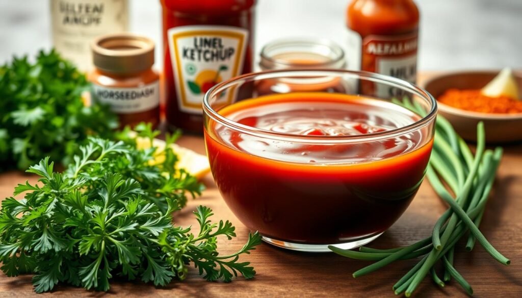 A neatly arranged still life showcasing the essential ingredients for a delectable cocktail sauce. In the foreground, a variety of fresh herbs - parsley, dill, and chives - are carefully placed, their verdant hues creating a vibrant contrast against the neutral backdrop. In the middle ground, a glass bowl filled with a rich, burgundy-colored sauce sits atop a wooden surface, its glossy sheen catching the soft, natural light flooding the scene. Surrounding the bowl are the other key components: a bottle of ketchup, a jar of horseradish, a lemon wedge, and a sprinkle of paprika. The overall composition exudes a sense of culinary elegance, inviting the viewer to imagine the flavorful possibilities of this versatile condiment. Crisp, high-resolution rendering with a shallow depth of field, capturing the essence of a professional food photography setup. A neatly arranged still life showcasing the essential ingredients for a delectable cocktail sauce. In the foreground, a variety of fresh herbs - parsley, dill, and chives - are carefully placed, their verdant hues creating a vibrant contrast against the neutral backdrop. In the middle ground, a glass bowl filled with a rich, burgundy-colored sauce sits atop a wooden surface, its glossy sheen catching the soft, natural light flooding the scene. Surrounding the bowl are the other key components: a bottle of ketchup, a jar of horseradish, a lemon wedge, and a sprinkle of paprika. The overall composition exudes a sense of culinary elegance, inviting the viewer to imagine the flavorful possibilities of this versatile condiment. Crisp, high-resolution rendering with a shallow depth of field, capturing the essence of a professional food photography setup.