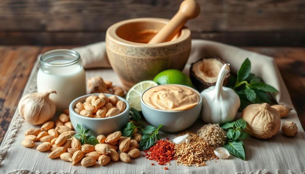 A neatly arranged still life showcasing the ingredients for a delectable peanut sauce. In the foreground, an array of fresh, vibrant ingredients including roasted peanuts, creamy peanut butter, coconut milk, lime wedges, and a selection of aromatic spices such as ginger, garlic, and chili flakes. The middle ground features a mortar and pestle, symbolizing the blending of flavors, set against a backdrop of a rustic wooden table with a natural linen cloth, creating a warm, cozy ambiance. The lighting is soft and diffused, accentuating the rich, earthy tones of the ingredients and conveying a sense of culinary craftsmanship. A neatly arranged still life showcasing the ingredients for a delectable peanut sauce. In the foreground, an array of fresh, vibrant ingredients including roasted peanuts, creamy peanut butter, coconut milk, lime wedges, and a selection of aromatic spices such as ginger, garlic, and chili flakes. The middle ground features a mortar and pestle, symbolizing the blending of flavors, set against a backdrop of a rustic wooden table with a natural linen cloth, creating a warm, cozy ambiance. The lighting is soft and diffused, accentuating the rich, earthy tones of the ingredients and conveying a sense of culinary craftsmanship.