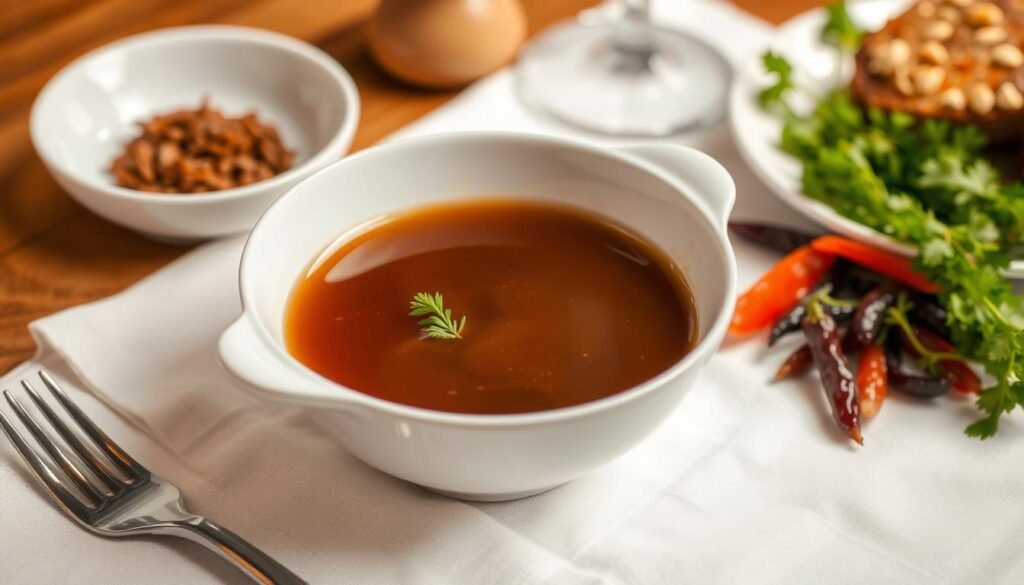 A neatly arranged table setting with a white porcelain bowl filled with a rich, brown au jus sauce, accompanied by a selection of savory garnishes. The bowl is strategically placed on a crisp, white tablecloth, with a polished wooden surface in the background. The lighting is soft and warm, creating a cozy and inviting atmosphere. The camera angle is slightly elevated, capturing the various elements in a visually appealing composition. The overall scene conveys a sense of culinary elegance and thoughtful presentation, perfectly suited to accompany the featured Tauhu recipe. A neatly arranged table setting with a white porcelain bowl filled with a rich, brown au jus sauce, accompanied by a selection of savory garnishes. The bowl is strategically placed on a crisp, white tablecloth, with a polished wooden surface in the background. The lighting is soft and warm, creating a cozy and inviting atmosphere. The camera angle is slightly elevated, capturing the various elements in a visually appealing composition. The overall scene conveys a sense of culinary elegance and thoughtful presentation, perfectly suited to accompany the featured Tauhu recipe.