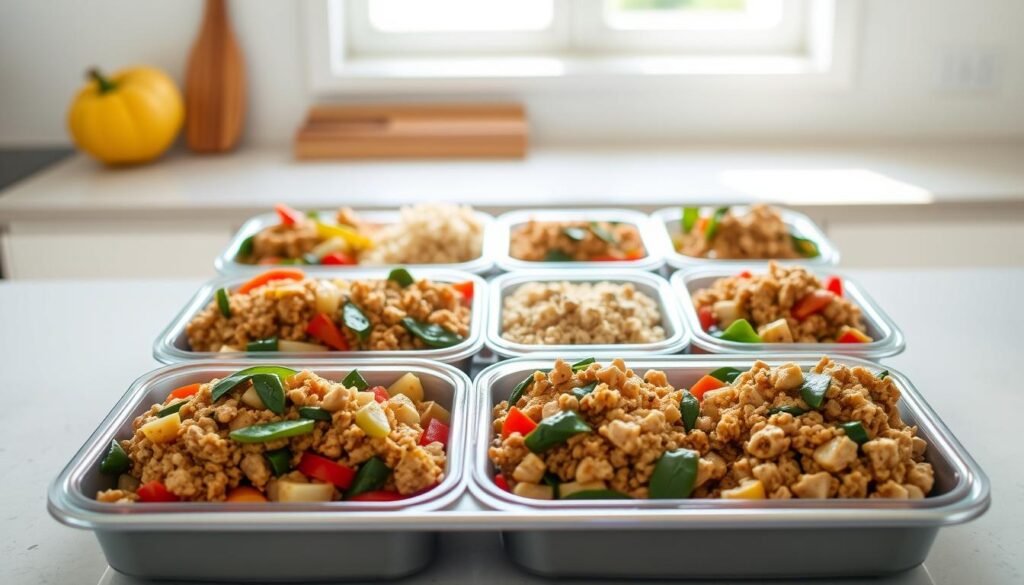 A neatly arranged tray of healthy ground chicken meal prep. In the foreground, perfectly portioned servings of seasoned ground chicken, sautéed with vibrant vegetables like bell peppers, onions, and spinach. In the middle, fluffy quinoa or brown rice, complementing the protein-rich chicken. The background features a simple, minimalist kitchen counter, with natural lighting streaming in from a window, creating a warm, inviting ambiance. The overall composition is clean, well-balanced, and visually appealing, showcasing a nutritious, easy-to-prepare meal that can be easily customized and enjoyed throughout the week. A neatly arranged tray of healthy ground chicken meal prep. In the foreground, perfectly portioned servings of seasoned ground chicken, sautéed with vibrant vegetables like bell peppers, onions, and spinach. In the middle, fluffy quinoa or brown rice, complementing the protein-rich chicken. The background features a simple, minimalist kitchen counter, with natural lighting streaming in from a window, creating a warm, inviting ambiance. The overall composition is clean, well-balanced, and visually appealing, showcasing a nutritious, easy-to-prepare meal that can be easily customized and enjoyed throughout the week.
