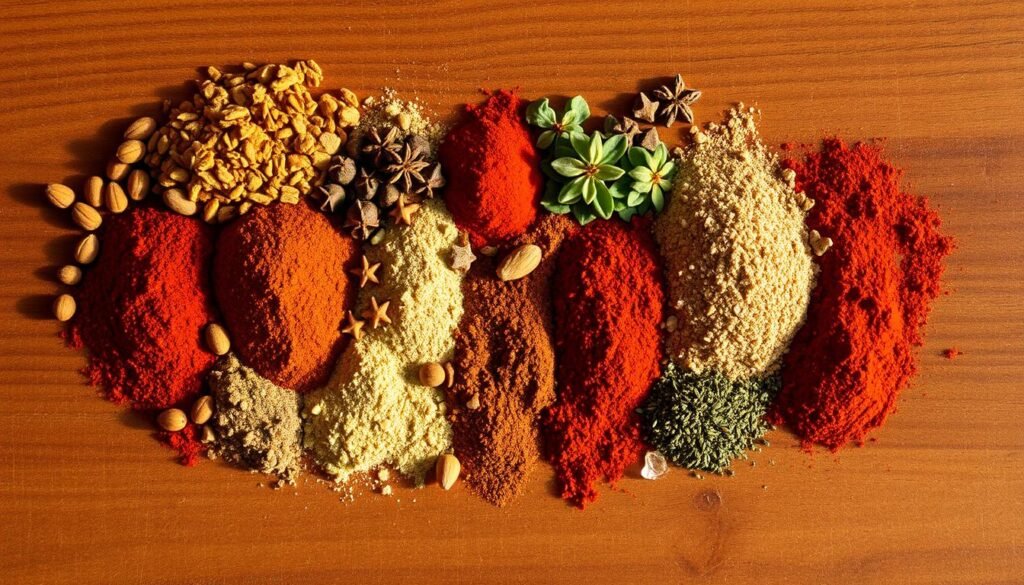 A neatly organized array of whole and ground spices, including cumin, chili powder, oregano, garlic powder, and smoked paprika, artfully arranged on a rustic wooden surface. The spices are illuminated by warm, golden lighting, casting subtle shadows and highlights that accentuate their rich hues and textures. The composition is balanced, with the spices taking up the majority of the frame, but leaving enough negative space to create a sense of simplicity and focus. The overall mood is one of authenticity, inviting the viewer to imagine the rich, complex flavors that these spices will impart when combined to create the perfect chili seasoning blend. A neatly organized array of whole and ground spices, including cumin, chili powder, oregano, garlic powder, and smoked paprika, artfully arranged on a rustic wooden surface. The spices are illuminated by warm, golden lighting, casting subtle shadows and highlights that accentuate their rich hues and textures. The composition is balanced, with the spices taking up the majority of the frame, but leaving enough negative space to create a sense of simplicity and focus. The overall mood is one of authenticity, inviting the viewer to imagine the rich, complex flavors that these spices will impart when combined to create the perfect chili seasoning blend.