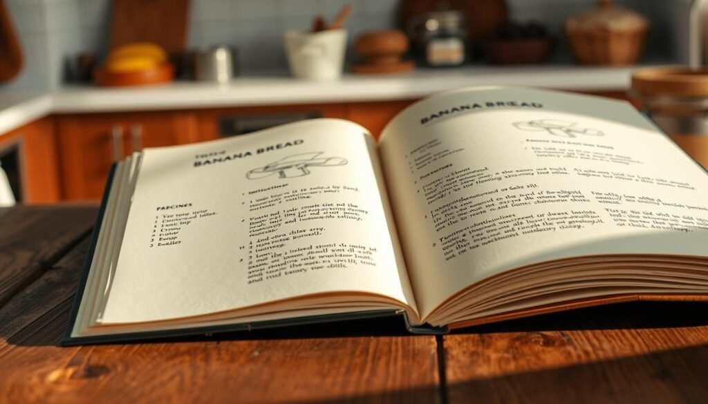 A neatly organized, step-by-step recipe for delectable banana bread, displayed on crisp, cream-colored pages. The foreground showcases a detailed illustration of the recipe instructions, with clear, hand-drawn diagrams and text. The middle ground features a beautifully styled, rustic wooden surface, with natural lighting casting a warm, inviting glow. In the background, a softly blurred, earthy-toned kitchen scene sets the scene, hinting at the cozy, homemade atmosphere. The overall composition conveys a sense of culinary expertise, authenticity, and mouthwatering temptation, perfectly suited to illustrate the "Step-by-Step Instructions" section of the article. A neatly organized, step-by-step recipe for delectable banana bread, displayed on crisp, cream-colored pages. The foreground showcases a detailed illustration of the recipe instructions, with clear, hand-drawn diagrams and text. The middle ground features a beautifully styled, rustic wooden surface, with natural lighting casting a warm, inviting glow. In the background, a softly blurred, earthy-toned kitchen scene sets the scene, hinting at the cozy, homemade atmosphere. The overall composition conveys a sense of culinary expertise, authenticity, and mouthwatering temptation, perfectly suited to illustrate the "Step-by-Step Instructions" section of the article.