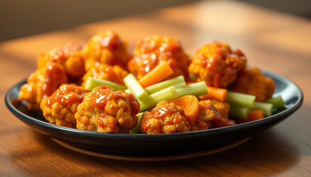 A perfectly golden-brown air-fried cauliflower in the foreground, coated in a tantalizing buffalo sauce glaze, its florets glistening. The cauliflower is artfully arranged on a sleek black ceramic plate, creating a striking contrast. In the middle ground, a scattering of fresh green celery sticks and vibrant carrot slices, providing a refreshing counterpoint to the bold flavors. The background is softly blurred, allowing the dish to take center stage, bathed in warm, natural lighting that casts subtle shadows, enhancing the dish's appetizing appearance. The overall scene evokes a sense of inviting, homemade indulgence, perfect for whetting the appetite as a delectable appetizer. A perfectly golden-brown air-fried cauliflower in the foreground, coated in a tantalizing buffalo sauce glaze, its florets glistening. The cauliflower is artfully arranged on a sleek black ceramic plate, creating a striking contrast. In the middle ground, a scattering of fresh green celery sticks and vibrant carrot slices, providing a refreshing counterpoint to the bold flavors. The background is softly blurred, allowing the dish to take center stage, bathed in warm, natural lighting that casts subtle shadows, enhancing the dish's appetizing appearance. The overall scene evokes a sense of inviting, homemade indulgence, perfect for whetting the appetite as a delectable appetizer.