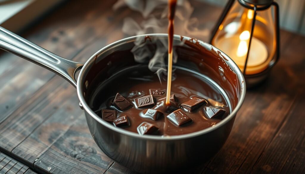 A polished, stainless steel saucepan sits atop a rustic wooden surface, steam gently rising from the dark, glossy liquid within. Chunks of rich, high-quality chocolate and heavy cream are being carefully melted and whisked together, creating a smooth, velvety chocolate ganache. The warm light from a single, vintage-style lamp casts a soft, golden glow over the scene, highlighting the shiny, tempting texture of the ganache as it's poured into a waiting bowl. The background is blurred, keeping the focus on the preparation process and the alluring, mouthwatering result.