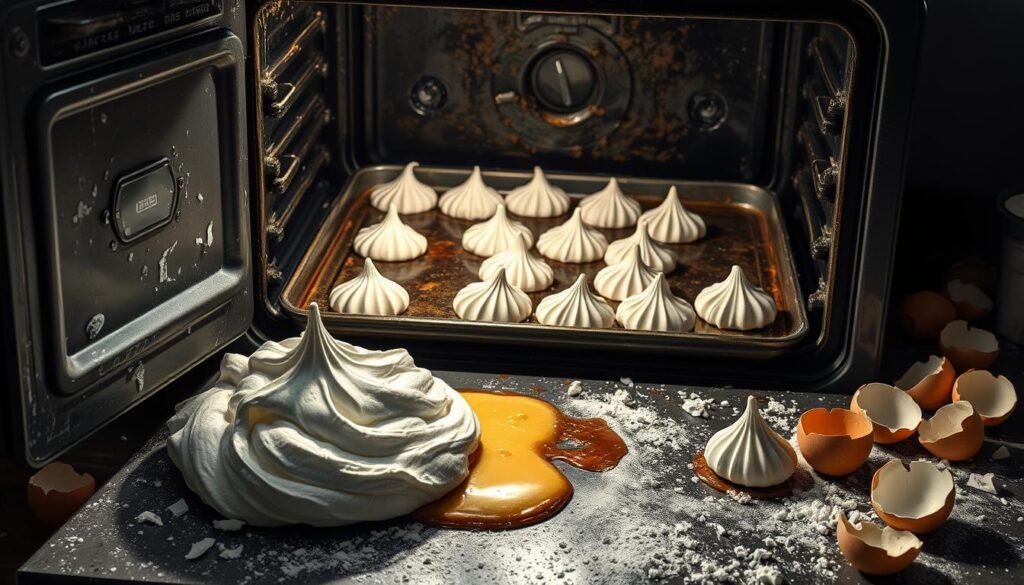 A poorly baked meringue dessert sits on a messy kitchen counter, the once fluffy peaks now collapsed into a sticky, weeping puddle. The oven door stands open, revealing a charred, uneven surface where a tray of ill-fated meringues lies abandoned. Flour and eggshells litter the scene, creating a sense of disarray and culinary mishaps. The image is bathed in a harsh, overhead light, casting dramatic shadows that accentuate the failed attempt at a delicate, elegant dessert. The mood is one of disappointment and the need for a do-over, a cautionary tale of the common mistakes that can plague even the most seasoned bakers. A poorly baked meringue dessert sits on a messy kitchen counter, the once fluffy peaks now collapsed into a sticky, weeping puddle. The oven door stands open, revealing a charred, uneven surface where a tray of ill-fated meringues lies abandoned. Flour and eggshells litter the scene, creating a sense of disarray and culinary mishaps. The image is bathed in a harsh, overhead light, casting dramatic shadows that accentuate the failed attempt at a delicate, elegant dessert. The mood is one of disappointment and the need for a do-over, a cautionary tale of the common mistakes that can plague even the most seasoned bakers.