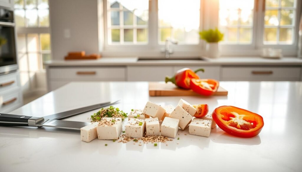 A pristine kitchen counter, bathed in warm, natural lighting from large windows. Arranged artfully on the surface, an assortment of savory tofu flavor combinations - soy-marinated cubes, ginger-scallion topping, crunchy sesame seeds, and vibrant slices of red bell pepper. The scene exudes a sense of culinary experimentation and balance, inviting the viewer to explore the possibilities of elevating a humble block of tofu. The composition is clean and minimalist, focusing the attention on the vibrant colors and textures of the ingredients. A steel knife and wooden cutting board hint at the preparation process, while the overall mood is one of simple elegance and inspiration for the home cook. A pristine kitchen counter, bathed in warm, natural lighting from large windows. Arranged artfully on the surface, an assortment of savory tofu flavor combinations - soy-marinated cubes, ginger-scallion topping, crunchy sesame seeds, and vibrant slices of red bell pepper. The scene exudes a sense of culinary experimentation and balance, inviting the viewer to explore the possibilities of elevating a humble block of tofu. The composition is clean and minimalist, focusing the attention on the vibrant colors and textures of the ingredients. A steel knife and wooden cutting board hint at the preparation process, while the overall mood is one of simple elegance and inspiration for the home cook.