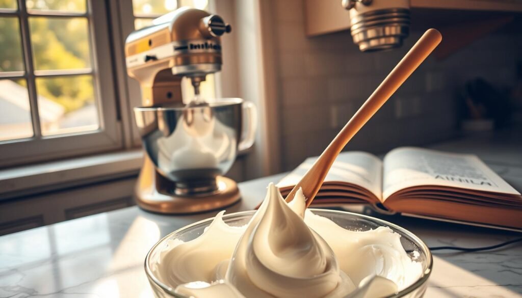 A pristine marble countertop, bathed in warm, golden light from a large window. In the foreground, a bowl of whipped egg whites being carefully folded with a wooden spoon, the soft, billowy meringue taking shape. Delicate peaks forming as the mixture is gently incorporated. In the middle ground, a vintage stand mixer, its chrome finish gleaming, sits ready to whip up the next batch. In the background, a well-worn recipe book lies open, its pages filled with handwritten notes and splattered ingredients - a testament to the generations of bakers who have crafted this timeless confection. The air is filled with the sweet, vanilla-tinged aroma of baking, creating a cozy, homely atmosphere perfect for this step-by-step guide to making the perfect meringue. A pristine marble countertop, bathed in warm, golden light from a large window. In the foreground, a bowl of whipped egg whites being carefully folded with a wooden spoon, the soft, billowy meringue taking shape. Delicate peaks forming as the mixture is gently incorporated. In the middle ground, a vintage stand mixer, its chrome finish gleaming, sits ready to whip up the next batch. In the background, a well-worn recipe book lies open, its pages filled with handwritten notes and splattered ingredients - a testament to the generations of bakers who have crafted this timeless confection. The air is filled with the sweet, vanilla-tinged aroma of baking, creating a cozy, homely atmosphere perfect for this step-by-step guide to making the perfect meringue.