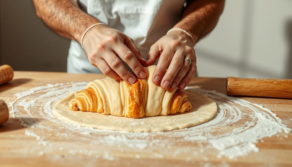 A professional baker's hands carefully laminating croissant dough, kneading and folding the supple layers to create a flaky, golden-brown masterpiece. The dough is a soft, yielding canvas against the baker's skilled movements, the process captured in warm, natural lighting that highlights the textural details. The scene is set against a clean, minimalist backdrop, allowing the focus to remain on the intricate technique of lamination, a critical step in crafting the perfect croissant. The atmosphere is one of quiet concentration and culinary artistry, a glimpse into the meticulous process that transforms simple ingredients into a beloved pastry. A professional baker's hands carefully laminating croissant dough, kneading and folding the supple layers to create a flaky, golden-brown masterpiece. The dough is a soft, yielding canvas against the baker's skilled movements, the process captured in warm, natural lighting that highlights the textural details. The scene is set against a clean, minimalist backdrop, allowing the focus to remain on the intricate technique of lamination, a critical step in crafting the perfect croissant. The atmosphere is one of quiet concentration and culinary artistry, a glimpse into the meticulous process that transforms simple ingredients into a beloved pastry.