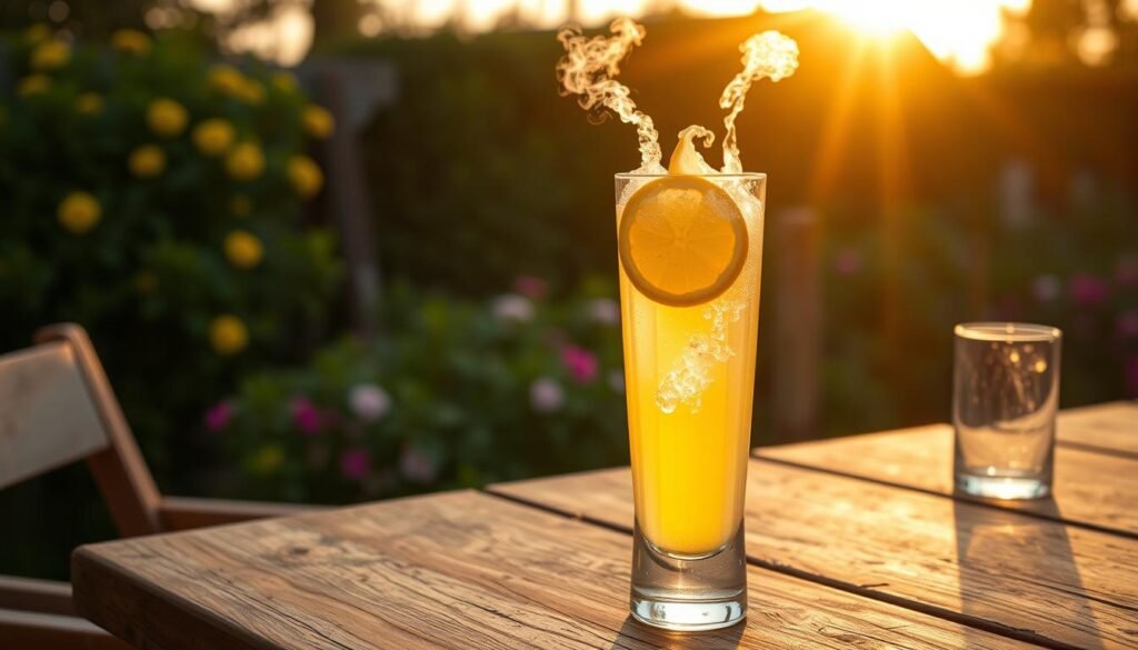 A refreshing limoncello spritz set against a warm, golden sunset. In the foreground, a tall, chilled glass filled with the vibrant, lemon-hued liqueur, topped with sparkling mineral water and a slice of lemon. Wisps of citrus-scented steam rise from the drink, creating a hazy, inviting atmosphere. The middle ground features a wooden table, weathered by time, with a simple, elegant place setting. In the background, a lush, sun-dappled garden comes into focus, its verdant foliage and blooming flowers hinting at the lively, al fresco setting. Soft, natural lighting filters through the scene, casting a warm, inviting glow and evoking the spirit of a leisurely summer evening. A refreshing limoncello spritz set against a warm, golden sunset. In the foreground, a tall, chilled glass filled with the vibrant, lemon-hued liqueur, topped with sparkling mineral water and a slice of lemon. Wisps of citrus-scented steam rise from the drink, creating a hazy, inviting atmosphere. The middle ground features a wooden table, weathered by time, with a simple, elegant place setting. In the background, a lush, sun-dappled garden comes into focus, its verdant foliage and blooming flowers hinting at the lively, al fresco setting. Soft, natural lighting filters through the scene, casting a warm, inviting glow and evoking the spirit of a leisurely summer evening.