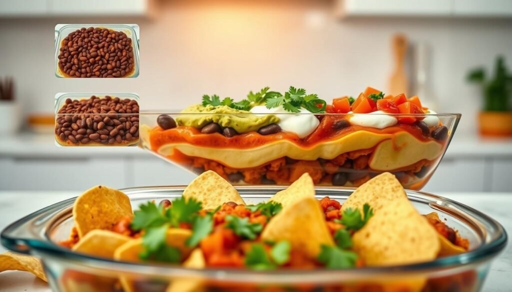 A richly textured taco dip recipe captured in a series of step-by-step illustrations. In the foreground, vibrant layers of refried beans, creamy guacamole, tangy sour cream, and zesty salsa are carefully assembled in a clear glass serving dish. Overhead, a warm, natural light illuminates the textures and colors, creating a mouthwatering display. In the middle ground, a collection of crisp tortilla chips and fresh cilantro sprigs add texture and freshness. The background is a clean, minimalist kitchen countertop, allowing the taco dip to take center stage. The overall mood is inviting, appetizing, and primed for an authentic Mexican-inspired culinary experience. A richly textured taco dip recipe captured in a series of step-by-step illustrations. In the foreground, vibrant layers of refried beans, creamy guacamole, tangy sour cream, and zesty salsa are carefully assembled in a clear glass serving dish. Overhead, a warm, natural light illuminates the textures and colors, creating a mouthwatering display. In the middle ground, a collection of crisp tortilla chips and fresh cilantro sprigs add texture and freshness. The background is a clean, minimalist kitchen countertop, allowing the taco dip to take center stage. The overall mood is inviting, appetizing, and primed for an authentic Mexican-inspired culinary experience.