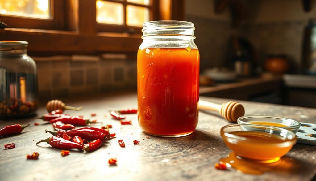 A rustic kitchen counter, bathed in warm, golden light filtering through a window. On the surface, a glass jar filled with a thick, amber liquid, surrounded by scattered whole and crushed chili peppers, a wooden spoon, and a small bowl of honey. The mixture in the jar is gently bubbling, hinting at the captivating blend of sweet and spicy flavors. The overall scene exudes a cozy, inviting atmosphere, perfectly capturing the essence of "How to Make Hot Honey" - a delightful, homemade condiment that can elevate any dish with its unique and enticing character. A rustic kitchen counter, bathed in warm, golden light filtering through a window. On the surface, a glass jar filled with a thick, amber liquid, surrounded by scattered whole and crushed chili peppers, a wooden spoon, and a small bowl of honey. The mixture in the jar is gently bubbling, hinting at the captivating blend of sweet and spicy flavors. The overall scene exudes a cozy, inviting atmosphere, perfectly capturing the essence of "How to Make Hot Honey" - a delightful, homemade condiment that can elevate any dish with its unique and enticing character.
