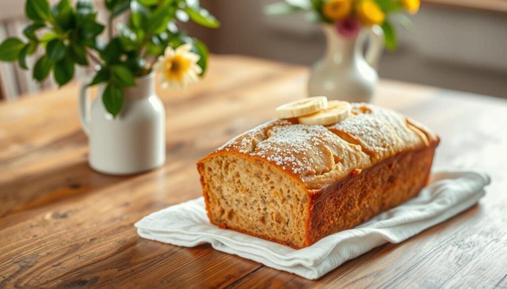 A rustic wooden table, bathed in soft, warm lighting, showcases a freshly baked banana bread. Moist and golden, it sits atop a crisp white towel, adorned with a sprinkle of powdered sugar and a few slices of ripe banana. The bread's inviting aroma fills the air, hinting at its tender, flavor-packed interior. In the background, a lush green plant and a simple vase of flowers create a cozy, homey atmosphere, perfectly complementing the comforting nature of the banana bread. The entire scene is captured with a shallow depth of field, drawing the viewer's attention to the star of the image - the delectable, moist banana bread. A rustic wooden table, bathed in soft, warm lighting, showcases a freshly baked banana bread. Moist and golden, it sits atop a crisp white towel, adorned with a sprinkle of powdered sugar and a few slices of ripe banana. The bread's inviting aroma fills the air, hinting at its tender, flavor-packed interior. In the background, a lush green plant and a simple vase of flowers create a cozy, homey atmosphere, perfectly complementing the comforting nature of the banana bread. The entire scene is captured with a shallow depth of field, drawing the viewer's attention to the star of the image - the delectable, moist banana bread.