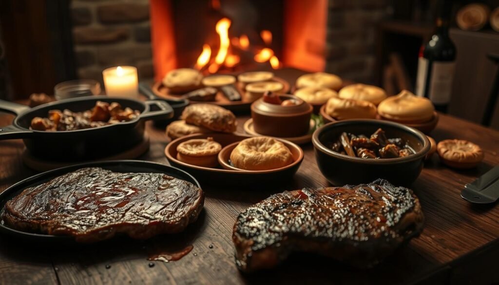 A rustic wooden table, dimly lit by soft candlelight, showcases an array of carnivorous culinary delights. In the foreground, a succulent steak sizzles on a cast-iron pan, its juices glistening. Alongside it, a hearty venison stew bubbles in a ceramic bowl, the rich aroma mingling with the smoky scent of roasted vegetables. In the middle ground, a selection of savory pies and pasties, their flaky crusts golden brown, wait to be sliced and savored. The background is a cozy, intimate setting, with a fireplace casting a warm glow and the hint of a bottle of red wine on the table, inviting the viewer to indulge in this carnivore's delight. A rustic wooden table, dimly lit by soft candlelight, showcases an array of carnivorous culinary delights. In the foreground, a succulent steak sizzles on a cast-iron pan, its juices glistening. Alongside it, a hearty venison stew bubbles in a ceramic bowl, the rich aroma mingling with the smoky scent of roasted vegetables. In the middle ground, a selection of savory pies and pasties, their flaky crusts golden brown, wait to be sliced and savored. The background is a cozy, intimate setting, with a fireplace casting a warm glow and the hint of a bottle of red wine on the table, inviting the viewer to indulge in this carnivore's delight.