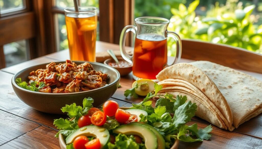 A rustic wooden table set with a bowl of tender, flavorful chipotle chicken, accompanied by an array of delectable pairings. In the foreground, a crisp green salad with fresh avocado slices, vibrant cherry tomatoes, and a drizzle of tangy lime vinaigrette. Beside it, a pile of warm, fluffy tortillas, ready to be filled with the savory chicken. In the middle, a glass pitcher of refreshing homemade iced tea, its amber hue reflecting the warm lighting. In the background, a window overlooking a lush, verdant garden, bathed in soft, natural sunlight, creating a cozy, inviting atmosphere.