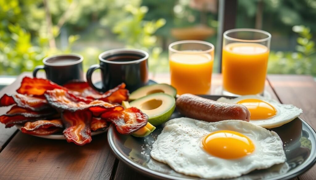 A savory spread of high-protein carnivore breakfast items artfully arranged on a rustic wooden table. In the foreground, a plate showcases sizzling bacon, crisp sausage links, and perfectly cooked eggs - the yolks runny and golden. Next to it, a pile of freshly sliced avocado and a sprinkle of sea salt. In the middle ground, a steaming mug of black coffee sits alongside a glass of fresh-squeezed orange juice. The background features a lush, verdant backdrop, with natural light streaming in through a large window, casting a warm, inviting glow over the scene. The overall mood is one of hearty, nourishing indulgence, perfectly suited for the beginning of a carnivore-fueled day. A savory spread of high-protein carnivore breakfast items artfully arranged on a rustic wooden table. In the foreground, a plate showcases sizzling bacon, crisp sausage links, and perfectly cooked eggs - the yolks runny and golden. Next to it, a pile of freshly sliced avocado and a sprinkle of sea salt. In the middle ground, a steaming mug of black coffee sits alongside a glass of fresh-squeezed orange juice. The background features a lush, verdant backdrop, with natural light streaming in through a large window, casting a warm, inviting glow over the scene. The overall mood is one of hearty, nourishing indulgence, perfectly suited for the beginning of a carnivore-fueled day.