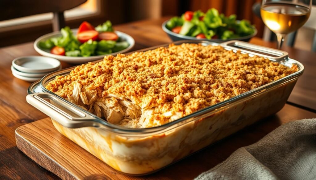 A savory tuna casserole baked to perfection, with layers of tender shredded chicken, flaky white tuna, creamy mushroom sauce, and a crunchy topping of buttery breadcrumbs. The casserole dish sits atop a rustic wooden table, bathed in warm, golden light from a nearby window. A fresh garden salad and a glass of chilled white wine complete the scene, creating a cozy, inviting atmosphere perfect for a weeknight family dinner. A savory tuna casserole baked to perfection, with layers of tender shredded chicken, flaky white tuna, creamy mushroom sauce, and a crunchy topping of buttery breadcrumbs. The casserole dish sits atop a rustic wooden table, bathed in warm, golden light from a nearby window. A fresh garden salad and a glass of chilled white wine complete the scene, creating a cozy, inviting atmosphere perfect for a weeknight family dinner.