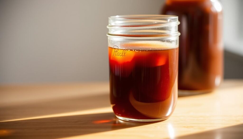 A sealed glass jar filled with a rich, savory au jus sauce, illuminated by soft, warm lighting from the side. The liquid gleams with a deep, burgundy hue, hinting at the complex flavors within. The jar rests on a clean, wooden surface, casting a subtle reflection. The frame is tightly composed, emphasizing the jar's cylindrical shape and the captivating nature of the stored au jus. The overall mood is one of culinary elegance and careful preservation, perfectly suited to illustrate the "Storage Tips for Leftover Au Jus" section of the article. A sealed glass jar filled with a rich, savory au jus sauce, illuminated by soft, warm lighting from the side. The liquid gleams with a deep, burgundy hue, hinting at the complex flavors within. The jar rests on a clean, wooden surface, casting a subtle reflection. The frame is tightly composed, emphasizing the jar's cylindrical shape and the captivating nature of the stored au jus. The overall mood is one of culinary elegance and careful preservation, perfectly suited to illustrate the "Storage Tips for Leftover Au Jus" section of the article.