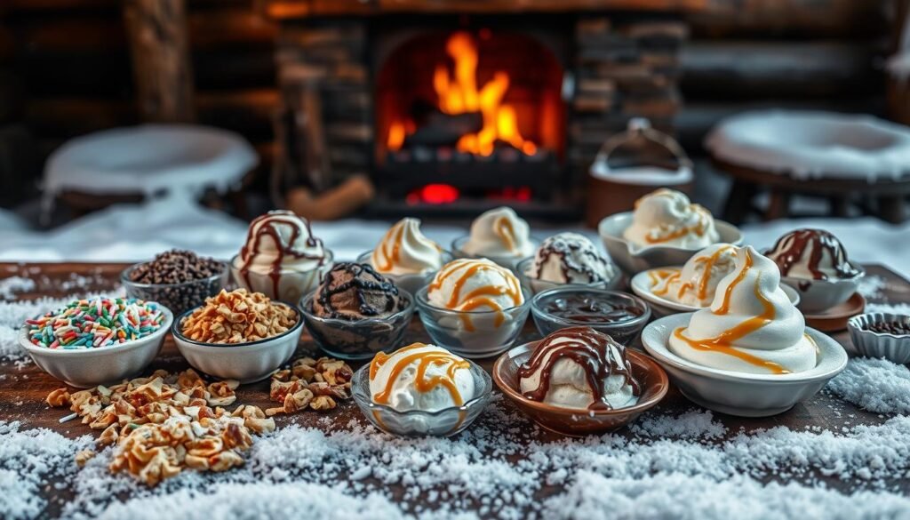 A snowy winter scene with an array of freshly made snow cream flavors laid out on a rustic wooden table. In the foreground, an assortment of tempting toppings - sprinkles, chopped nuts, chocolate shavings, and swirls of caramel and chocolate syrup. In the middle ground, various bowls and dishes filled with different-colored snow creams, including classic vanilla, chocolate, strawberry, and unexpected flavors like peppermint and maple. The background features a cozy, dimly lit cabin interior with a roaring fireplace, casting a warm glow over the scene. Soft, diffused lighting creates a dreamy, inviting atmosphere, emphasizing the textures and colors of the snow cream and toppings. A snowy winter scene with an array of freshly made snow cream flavors laid out on a rustic wooden table. In the foreground, an assortment of tempting toppings - sprinkles, chopped nuts, chocolate shavings, and swirls of caramel and chocolate syrup. In the middle ground, various bowls and dishes filled with different-colored snow creams, including classic vanilla, chocolate, strawberry, and unexpected flavors like peppermint and maple. The background features a cozy, dimly lit cabin interior with a roaring fireplace, casting a warm glow over the scene. Soft, diffused lighting creates a dreamy, inviting atmosphere, emphasizing the textures and colors of the snow cream and toppings.