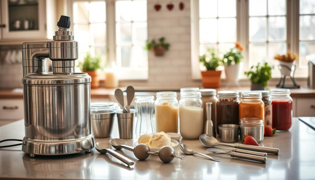 A spacious kitchen countertop, bathed in warm, natural lighting from large windows. In the foreground, an array of gleaming stainless steel ice cream making equipment - a heavy-duty churner, a sleek compressor, and an assortment of scoops and spades. Behind them, a selection of colorful, hand-crafted glass jars filled with tempting flavors - vanilla, chocolate, strawberry. In the background, a vintage-inspired tile backsplash and a few potted herbs add a touch of rustic charm to the scene. The overall atmosphere is one of homey comfort and culinary delight, perfectly capturing the essence of crafting homemade ice cream. A spacious kitchen countertop, bathed in warm, natural lighting from large windows. In the foreground, an array of gleaming stainless steel ice cream making equipment - a heavy-duty churner, a sleek compressor, and an assortment of scoops and spades. Behind them, a selection of colorful, hand-crafted glass jars filled with tempting flavors - vanilla, chocolate, strawberry. In the background, a vintage-inspired tile backsplash and a few potted herbs add a touch of rustic charm to the scene. The overall atmosphere is one of homey comfort and culinary delight, perfectly capturing the essence of crafting homemade ice cream.