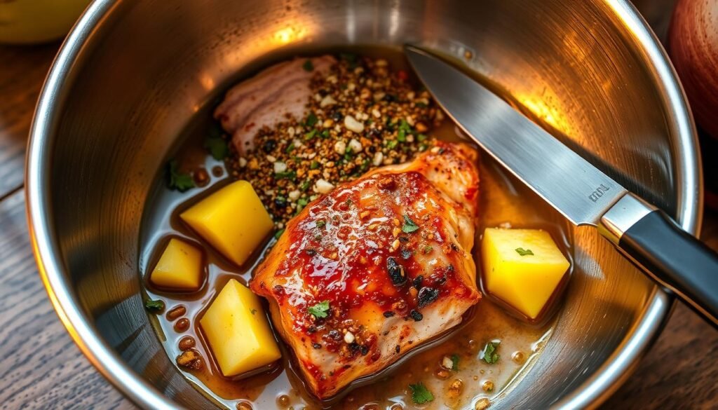 A stainless steel bowl filled with a vibrant mix of spices, herbs, and citrus juices, creating the fragrant Al Pastor marinade. Juicy pineapple chunks nestled among the aromatic blend, awaiting their turn to infuse the meat with their sweetness. The lighting casts a warm, golden glow, highlighting the interplay of textures and colors. A sharp knife rests nearby, ready to prepare the pork for its flavorful journey. The scene exudes a sense of anticipation, as the marinade promises to transform the humble ingredients into a mouthwatering centerpiece for the upcoming Pickled Red Onion dish. A stainless steel bowl filled with a vibrant mix of spices, herbs, and citrus juices, creating the fragrant Al Pastor marinade. Juicy pineapple chunks nestled among the aromatic blend, awaiting their turn to infuse the meat with their sweetness. The lighting casts a warm, golden glow, highlighting the interplay of textures and colors. A sharp knife rests nearby, ready to prepare the pork for its flavorful journey. The scene exudes a sense of anticipation, as the marinade promises to transform the humble ingredients into a mouthwatering centerpiece for the upcoming Pickled Red Onion dish.
