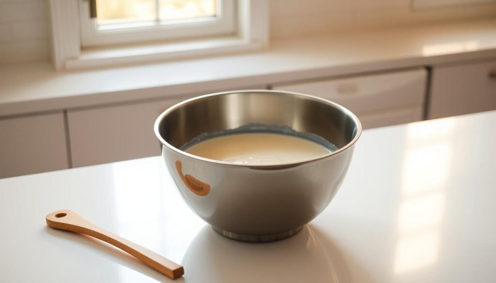 A stainless steel mixing bowl sits on a spotless countertop, filled with a smooth, creamy base of milk, cream, sugar, and vanilla. Soft, golden light filters through the window, casting a warm glow across the scene. Beside the bowl, a wooden spoon waits patiently, ready to stir the mixture. The clean, minimalist kitchen provides a serene backdrop, allowing the preparation of this essential casserole component to take center stage. The composition is balanced, with the bowl positioned slightly off-center, creating a sense of natural, effortless elegance. A stainless steel mixing bowl sits on a spotless countertop, filled with a smooth, creamy base of milk, cream, sugar, and vanilla. Soft, golden light filters through the window, casting a warm glow across the scene. Beside the bowl, a wooden spoon waits patiently, ready to stir the mixture. The clean, minimalist kitchen provides a serene backdrop, allowing the preparation of this essential casserole component to take center stage. The composition is balanced, with the bowl positioned slightly off-center, creating a sense of natural, effortless elegance.