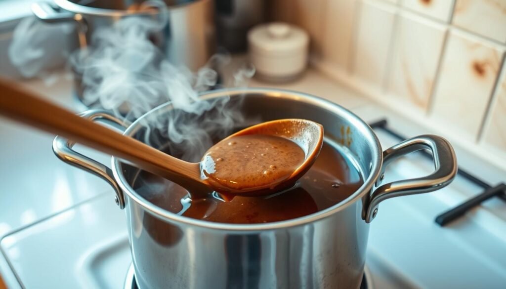 A stainless steel saucepan sits on a white kitchen counter, steam gently rising from its contents. In the foreground, a wooden spoon is poised, ready to stir the rich, glossy brown gravy simmering on the stovetop. The warm, inviting lighting casts a comforting glow, highlighting the gravy's velvety texture. Aromatic herbs and spices are visible, adding depth and complexity to the dish. The scene conveys a sense of culinary expertise, with the gravy preparation taking center stage, perfectly suited to accompany the featured taco dip recipe. A stainless steel saucepan sits on a white kitchen counter, steam gently rising from its contents. In the foreground, a wooden spoon is poised, ready to stir the rich, glossy brown gravy simmering on the stovetop. The warm, inviting lighting casts a comforting glow, highlighting the gravy's velvety texture. Aromatic herbs and spices are visible, adding depth and complexity to the dish. The scene conveys a sense of culinary expertise, with the gravy preparation taking center stage, perfectly suited to accompany the featured taco dip recipe.
