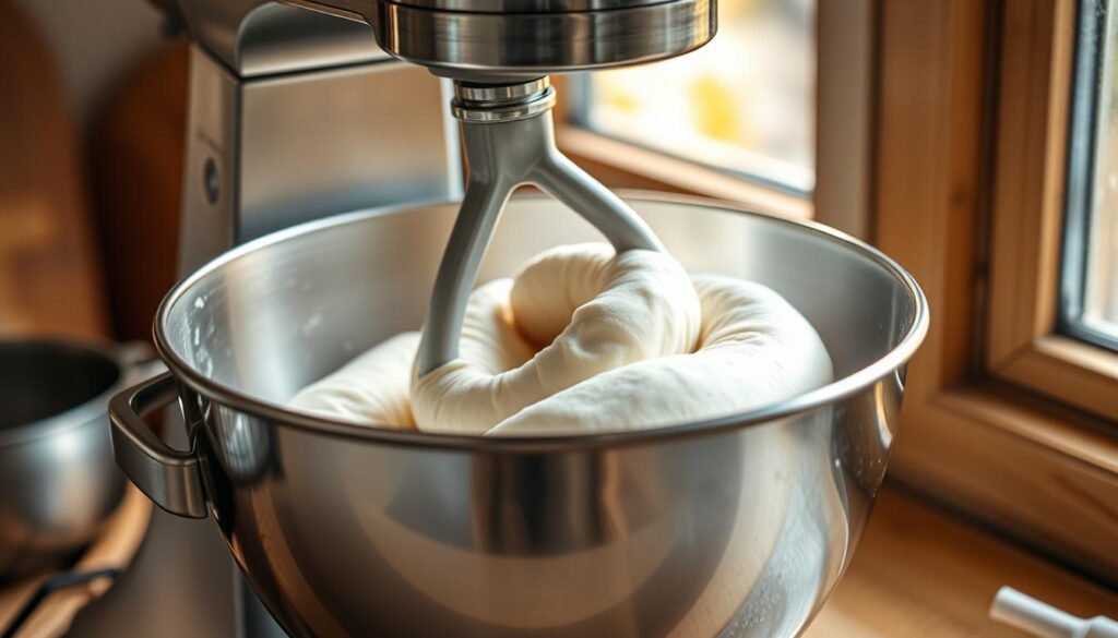 A stainless steel stand mixer kneading and mixing freshly prepared bagel dough, the dough slowly rising and expanding in the mixer's bowl. Soft, supple dough with a light dusting of flour, illuminated by warm, natural lighting from a window. The scene captures the tactile process of hand-mixing dough, with the dough's elastic texture and subtle yeasty aroma palpable. A timeless, rustic atmosphere evokes the comforting rituals of homemade baking. Viewed from a slightly elevated angle, the mixer's mechanics and the dough's gradual transformation are showcased in vivid detail. A stainless steel stand mixer kneading and mixing freshly prepared bagel dough, the dough slowly rising and expanding in the mixer's bowl. Soft, supple dough with a light dusting of flour, illuminated by warm, natural lighting from a window. The scene captures the tactile process of hand-mixing dough, with the dough's elastic texture and subtle yeasty aroma palpable. A timeless, rustic atmosphere evokes the comforting rituals of homemade baking. Viewed from a slightly elevated angle, the mixer's mechanics and the dough's gradual transformation are showcased in vivid detail.