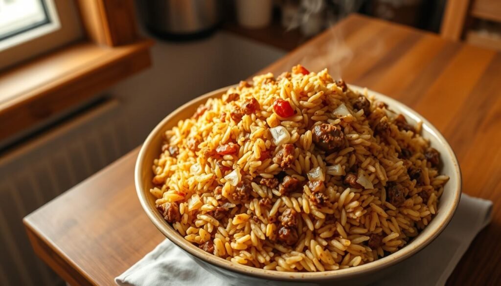 A steaming bowl of freshly reheated dirty rice sits on a wooden table, its golden hue and fragrant aroma filling the cozy kitchen. Grains of long-grain rice mingle with sautéed onions, bell peppers, and spiced ground meat, creating a comforting and flavorful dish. Soft lighting from a nearby window casts a warm glow, highlighting the individual textures and the enticing sheen of the rice. The table is set with a simple linen napkin, lending an inviting, homestyle atmosphere. This heartwarming scene captures the essence of savoring and reviving a delicious leftover meal, a perfect accompaniment to the article's discussion on storing and reheating the best flaky croissants. A steaming bowl of freshly reheated dirty rice sits on a wooden table, its golden hue and fragrant aroma filling the cozy kitchen. Grains of long-grain rice mingle with sautéed onions, bell peppers, and spiced ground meat, creating a comforting and flavorful dish. Soft lighting from a nearby window casts a warm glow, highlighting the individual textures and the enticing sheen of the rice. The table is set with a simple linen napkin, lending an inviting, homestyle atmosphere. This heartwarming scene captures the essence of savoring and reviving a delicious leftover meal, a perfect accompaniment to the article's discussion on storing and reheating the best flaky croissants.