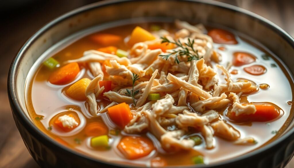 A steaming bowl of shredded chicken soup, the tender meat gently floating in a rich, aromatic broth. Slivers of carrots, celery, and onions add vibrant pops of color, while fragrant herbs like thyme and parsley lend depth of flavor. The soup is illuminated by soft, warm lighting, creating a cozy, inviting atmosphere. The camera angle captures the dish from a slightly elevated perspective, showcasing the soup's hearty, comforting texture. Subtle reflections on the surface of the broth add a touch of elegance, while the overall composition conveys the nourishing and restorative qualities of this classic winter dish. A steaming bowl of shredded chicken soup, the tender meat gently floating in a rich, aromatic broth. Slivers of carrots, celery, and onions add vibrant pops of color, while fragrant herbs like thyme and parsley lend depth of flavor. The soup is illuminated by soft, warm lighting, creating a cozy, inviting atmosphere. The camera angle captures the dish from a slightly elevated perspective, showcasing the soup's hearty, comforting texture. Subtle reflections on the surface of the broth add a touch of elegance, while the overall composition conveys the nourishing and restorative qualities of this classic winter dish.