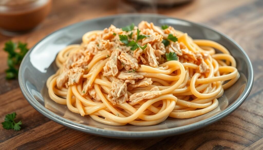 A steaming plate of creamy, shredded chicken pasta takes center stage, the tender meat glistening in a rich, velvety sauce. Strands of perfectly al dente fettuccine intertwine, creating a visually enticing dish. Garnished with fresh parsley, the pasta is presented against a backdrop of a rustic, wooden tabletop, hinting at a cozy, homemade atmosphere. Soft, diffused lighting casts a warm glow, creating a welcoming, inviting scene that beckons the viewer to dive in and savor every bite of this comforting, indulgent creation. A steaming plate of creamy, shredded chicken pasta takes center stage, the tender meat glistening in a rich, velvety sauce. Strands of perfectly al dente fettuccine intertwine, creating a visually enticing dish. Garnished with fresh parsley, the pasta is presented against a backdrop of a rustic, wooden tabletop, hinting at a cozy, homemade atmosphere. Soft, diffused lighting casts a warm glow, creating a welcoming, inviting scene that beckons the viewer to dive in and savor every bite of this comforting, indulgent creation.