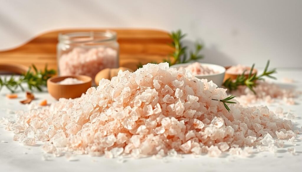 A still life arrangement of various pink salt ingredients set against a bright, airy backdrop. In the foreground, a pile of coarse Himalayan pink salt crystals, their translucent facets catching the light. Surrounding them, an array of complementary elements: a glass jar of pink salt flakes, a small ceramic bowl of pink salt powder, and a few sprigs of fresh rosemary. The middle ground features a wooden cutting board, its warm tones contrasting with the cooler pink hues. Soft, diffused lighting illuminates the scene, casting delicate shadows and highlighting the natural textures. The overall mood is one of simplicity, freshness, and the allure of artisanal ingredients. A still life arrangement of various pink salt ingredients set against a bright, airy backdrop. In the foreground, a pile of coarse Himalayan pink salt crystals, their translucent facets catching the light. Surrounding them, an array of complementary elements: a glass jar of pink salt flakes, a small ceramic bowl of pink salt powder, and a few sprigs of fresh rosemary. The middle ground features a wooden cutting board, its warm tones contrasting with the cooler pink hues. Soft, diffused lighting illuminates the scene, casting delicate shadows and highlighting the natural textures. The overall mood is one of simplicity, freshness, and the allure of artisanal ingredients.