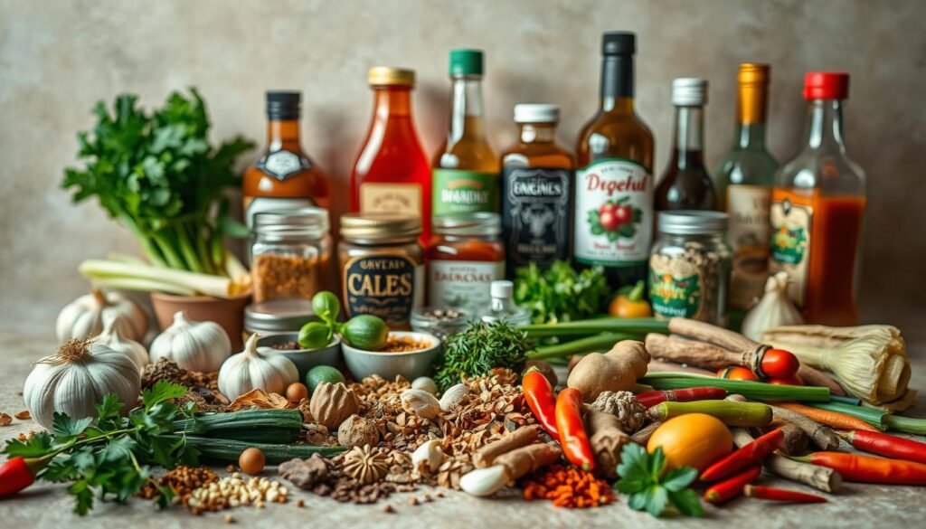 A still life arrangement of various recipe boosting ingredients on a neutral, textured background. In the foreground, an assortment of spices, herbs, and other flavorful elements like ginger, garlic, chili peppers, and scallions are carefully arranged. In the middle ground, jars and bottles of sauces, oils, and seasonings create a visually appealing composition. The lighting is soft and diffused, casting gentle shadows and highlights to emphasize the texture and vibrancy of the ingredients. The overall mood is one of culinary inspiration and the promise of a delicious, flavor-packed dish. A still life arrangement of various recipe boosting ingredients on a neutral, textured background. In the foreground, an assortment of spices, herbs, and other flavorful elements like ginger, garlic, chili peppers, and scallions are carefully arranged. In the middle ground, jars and bottles of sauces, oils, and seasonings create a visually appealing composition. The lighting is soft and diffused, casting gentle shadows and highlights to emphasize the texture and vibrancy of the ingredients. The overall mood is one of culinary inspiration and the promise of a delicious, flavor-packed dish.