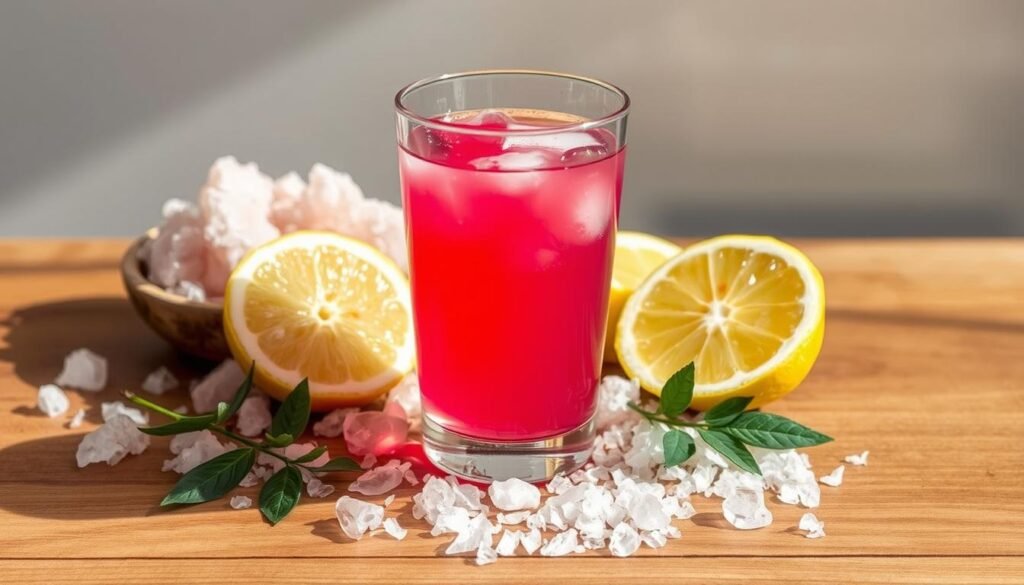 A still life of a glass filled with a vibrant pink liquid, surrounded by Himalayan salt crystals and fresh slices of lemon. The lighting is soft and natural, creating a warm, soothing atmosphere. The image is captured from a slightly elevated angle, highlighting the textures and colors of the ingredients. The glass is placed on a wooden surface, with a neutral background that allows the subject to take center stage. The overall composition emphasizes the refreshing and hydrating properties of the Pink Himalayan Salt Water, perfectly complementing the "Hydration and Weight Loss" section of the article. A still life of a glass filled with a vibrant pink liquid, surrounded by Himalayan salt crystals and fresh slices of lemon. The lighting is soft and natural, creating a warm, soothing atmosphere. The image is captured from a slightly elevated angle, highlighting the textures and colors of the ingredients. The glass is placed on a wooden surface, with a neutral background that allows the subject to take center stage. The overall composition emphasizes the refreshing and hydrating properties of the Pink Himalayan Salt Water, perfectly complementing the "Hydration and Weight Loss" section of the article.