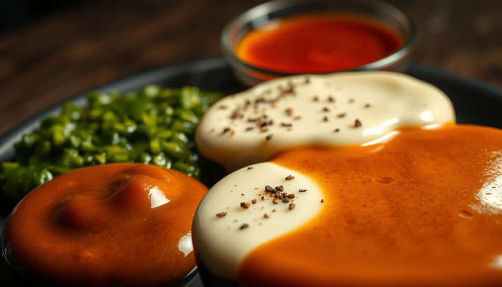 A sumptuous array of gravy variations, each a distinct culinary masterpiece. In the foreground, a rich and velvety brown gravy, its glossy surface reflecting the warm lighting above. Alongside, a vibrant green chimichurri-inspired gravy, its herbaceous notes dancing on the palate. In the middle, a creamy white gravy, flecked with cracked black pepper and a hint of nutmeg, a comforting companion to any dish. In the background, a fiery red gravy, its smoky chipotle undertones igniting the senses. Captured in a moody, atmospheric setting, these gravy variations beckon the viewer to explore their nuanced flavors, elevating any meal to new gastronomic heights. A sumptuous array of gravy variations, each a distinct culinary masterpiece. In the foreground, a rich and velvety brown gravy, its glossy surface reflecting the warm lighting above. Alongside, a vibrant green chimichurri-inspired gravy, its herbaceous notes dancing on the palate. In the middle, a creamy white gravy, flecked with cracked black pepper and a hint of nutmeg, a comforting companion to any dish. In the background, a fiery red gravy, its smoky chipotle undertones igniting the senses. Captured in a moody, atmospheric setting, these gravy variations beckon the viewer to explore their nuanced flavors, elevating any meal to new gastronomic heights.