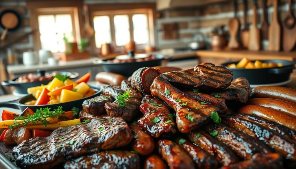 A sumptuous feast of carnivorous delights, set against a rustic kitchen backdrop. In the foreground, a hearty meat platter showcasing juicy steaks, tender ribs, and succulent sausages, garnished with fresh herbs and a drizzle of rich, savory sauce. The middle ground features an array of cast-iron skillets sizzling with grilled vegetables and roasted potatoes, complementing the protein-packed centerpiece. In the background, a cozy, timber-lined kitchen setting with copper pots, wooden utensils, and a warm, inviting ambiance, creating an atmosphere of comfort and indulgence. Soft, natural lighting filters through the windows, casting a mouthwatering glow over the carnivore's dream come true. A sumptuous feast of carnivorous delights, set against a rustic kitchen backdrop. In the foreground, a hearty meat platter showcasing juicy steaks, tender ribs, and succulent sausages, garnished with fresh herbs and a drizzle of rich, savory sauce. The middle ground features an array of cast-iron skillets sizzling with grilled vegetables and roasted potatoes, complementing the protein-packed centerpiece. In the background, a cozy, timber-lined kitchen setting with copper pots, wooden utensils, and a warm, inviting ambiance, creating an atmosphere of comfort and indulgence. Soft, natural lighting filters through the windows, casting a mouthwatering glow over the carnivore's dream come true.