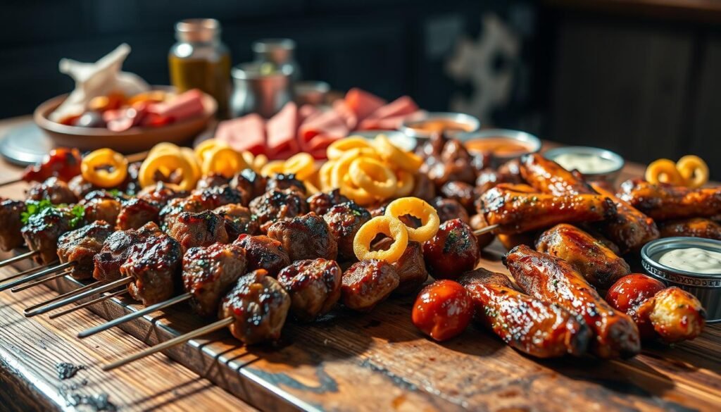 A sumptuous spread of carnivore-friendly snacks, artfully arranged on a rustic wooden table. In the foreground, sizzling grilled skewers of tender beef, lamb, and chicken, drizzled with a savory marinade. Nestled among them, bite-sized meatballs, each one a flavor-packed morsel. Crisp, golden-brown fried calamari rings and juicy chicken wings with a sticky, spicy glaze command attention in the middle ground. In the background, a selection of cured meats, tangy pickles, and creamy dips, inviting the viewer to indulge. The scene is illuminated by warm, natural lighting, casting a cozy, inviting glow. The overall atmosphere is one of indulgence and satisfaction, perfect for carnivorous cravings. A sumptuous spread of carnivore-friendly snacks, artfully arranged on a rustic wooden table. In the foreground, sizzling grilled skewers of tender beef, lamb, and chicken, drizzled with a savory marinade. Nestled among them, bite-sized meatballs, each one a flavor-packed morsel. Crisp, golden-brown fried calamari rings and juicy chicken wings with a sticky, spicy glaze command attention in the middle ground. In the background, a selection of cured meats, tangy pickles, and creamy dips, inviting the viewer to indulge. The scene is illuminated by warm, natural lighting, casting a cozy, inviting glow. The overall atmosphere is one of indulgence and satisfaction, perfect for carnivorous cravings.