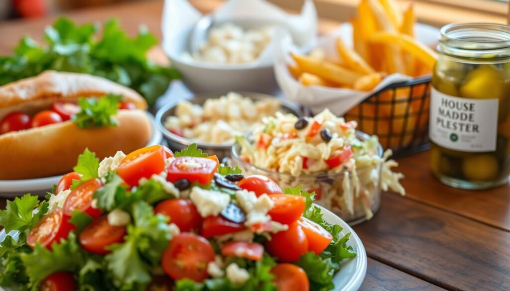 A sumptuous spread of classic lobster roll side dishes, captured in a warm, natural light. In the foreground, a crisp green salad with fresh greens, juicy cherry tomatoes, and a tangy vinaigrette dressing. In the middle ground, a bowl of creamy, tangy coleslaw, its vibrant colors contrasting against the rustic wooden table. Beside it, a basket of golden, perfectly crisp french fries, their aroma wafting through the air. In the background, a jar of house-made pickles, their briny, crunchy texture adding a delightful contrast to the other dishes. The entire scene exudes a casual, seaside vibe, inviting the viewer to imagine themselves at a quaint New England seafood shack. A sumptuous spread of classic lobster roll side dishes, captured in a warm, natural light. In the foreground, a crisp green salad with fresh greens, juicy cherry tomatoes, and a tangy vinaigrette dressing. In the middle ground, a bowl of creamy, tangy coleslaw, its vibrant colors contrasting against the rustic wooden table. Beside it, a basket of golden, perfectly crisp french fries, their aroma wafting through the air. In the background, a jar of house-made pickles, their briny, crunchy texture adding a delightful contrast to the other dishes. The entire scene exudes a casual, seaside vibe, inviting the viewer to imagine themselves at a quaint New England seafood shack.