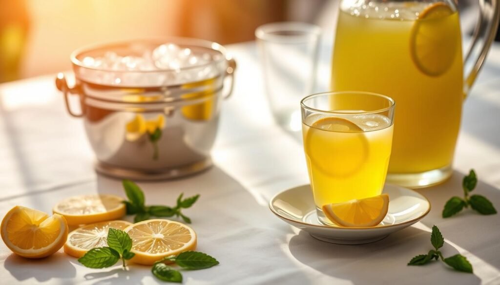 A sun-dappled table set with a white linen tablecloth, a small glass of bright yellow limoncello, and a slice of lemon on a delicate china saucer. The limoncello glass is positioned in the foreground, casting a warm, golden glow. Behind it, a chilled silver ice bucket and a carafe of limoncello with condensation beading the surface, suggesting a refreshing, summery atmosphere. The middle ground features a scattering of fresh lemon slices and sprigs of fragrant mint, hinting at the flavors to come. The background is softly blurred, allowing the limoncello and its accoutrements to take center stage, inviting the viewer to savor the moment. A sun-dappled table set with a white linen tablecloth, a small glass of bright yellow limoncello, and a slice of lemon on a delicate china saucer. The limoncello glass is positioned in the foreground, casting a warm, golden glow. Behind it, a chilled silver ice bucket and a carafe of limoncello with condensation beading the surface, suggesting a refreshing, summery atmosphere. The middle ground features a scattering of fresh lemon slices and sprigs of fragrant mint, hinting at the flavors to come. The background is softly blurred, allowing the limoncello and its accoutrements to take center stage, inviting the viewer to savor the moment.